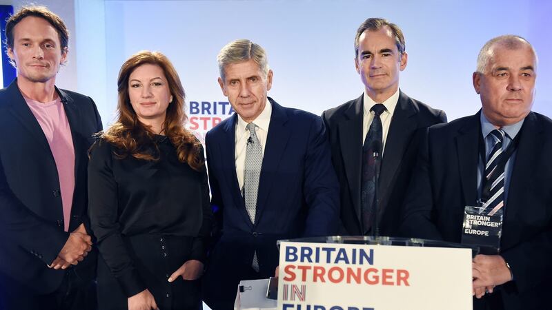 Former Marks & Spencer department store chain chairman Stuart Rose (centre) with his campaign team during the launch of the ‘Stronger in Europe’ campaign in London, Britain, on Monday. Photograph: EPA