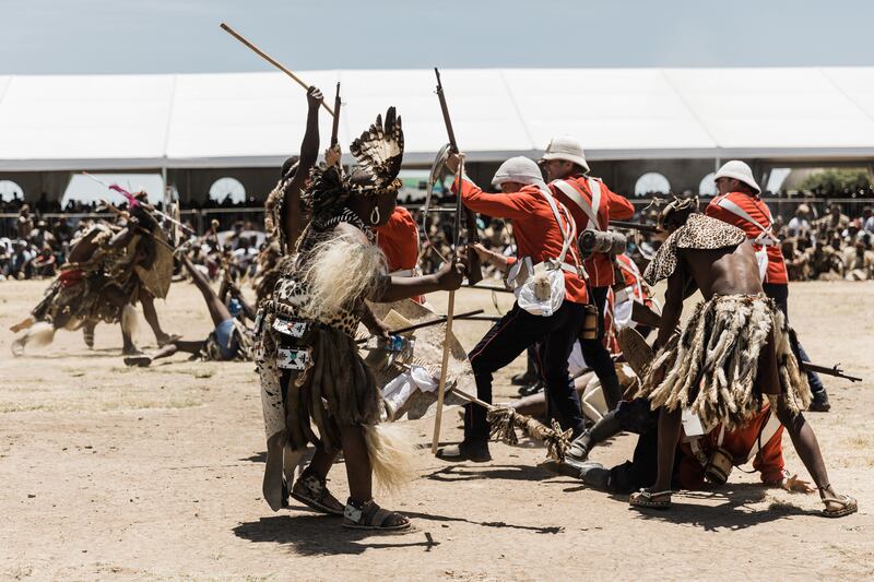 A re-enactment in January 2023 of the Battle of Isandlwana, which was the first major confrontation in the 1879 Anglo-Zulu War. Photograph: Rajesh Jantilal/AFP via Getty Images