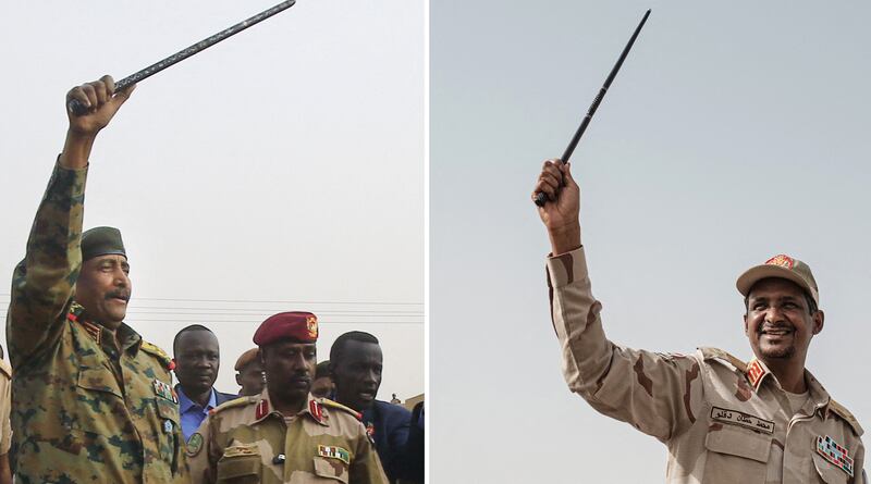 Gen Abdel Fattah al-Burhan (left), the head of Sudan's ruling military council, greeting his supporters in Khartoum's twin city of Omdurman on June 29th, 2019 and Sudanese paramilitary commander Mohamed Hamdan Daglo raises a cane during a meeting with his supporters in Khartoum on June 18th, 2019. File photographs: Yasuyoshi Chiba/Asharaf Shazly/AFP via Getty