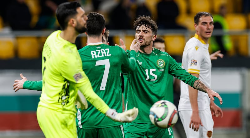 UEFA Nations League Play-off First Leg, Hristo Botev Stadium, Plovdiv, Bulgaria 20/3/2025
Bulgaria vs Republic of Ireland
Ireland's Finn Azaz celebrates scoring his sides first goal with Troy Parrott
Mandatory Credit ©INPHO/Kostadin Andonov