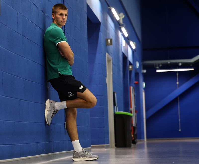 Sam Prendergast at the Ireland Rugby press conference in the IRFU High Performance Centre in Blanchardstown on Tuesday. Photograph: Billy Stickland/Inpho