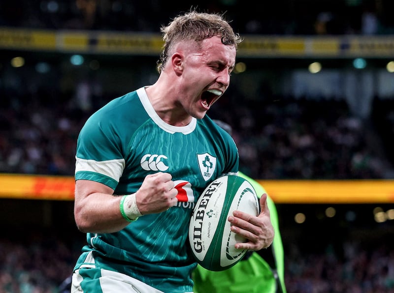 Ireland's Craig Casey celebrates his try against Fiji last month. Photograph: Ben Brady/Inpho