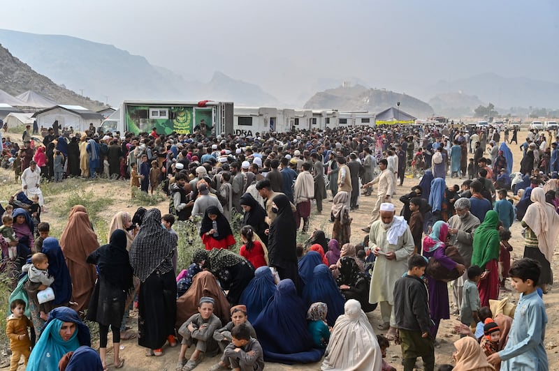 Afghan refugees at a holding centre in Landi Kotal as they prepare to depart Pakistan as a government deadline for them to leave sparked a mass exodus. Photograph: Farooq Naeem/AFP/via Getty Images