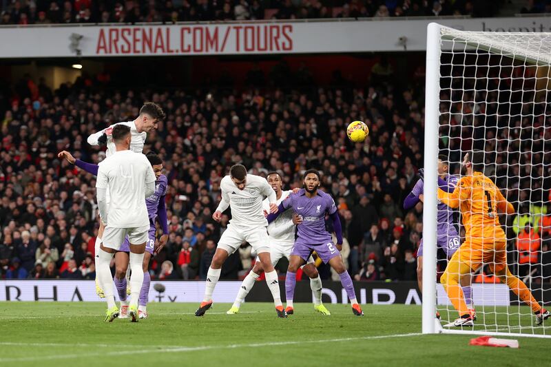 Kai Havertz of Arsenal wins a header but misses a chance during the Emirates FA Cup clash against Liverpool at Emirates Stadium in London. Photograph: Julian Finney/Getty Images