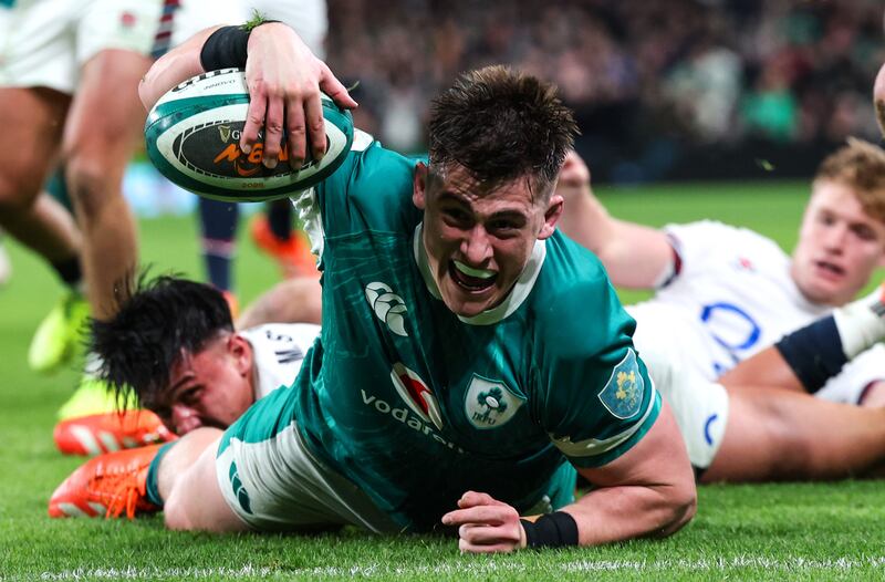 Ireland’s Dan Sheehan celebrates scoring Ireland's fourth try in his first appearance for Ireland since his cruciate ligament injury. Photograph: Billy Stickland/Inpho