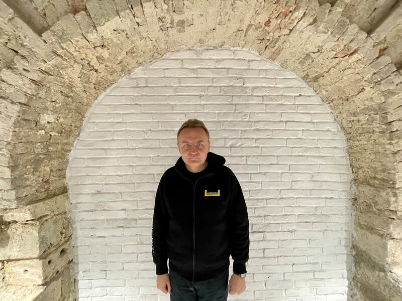 Lviv mayor Andriy Sadovyi in the basement of city hall during a recent air-raid alert. Photograph: Daniel McLaughlin.