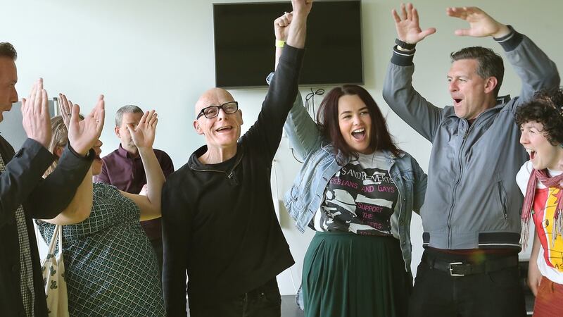 Eamonn McCann celebrates after being elected for People Before Profit  in Derry. Photograph: Margaret McLaughlin