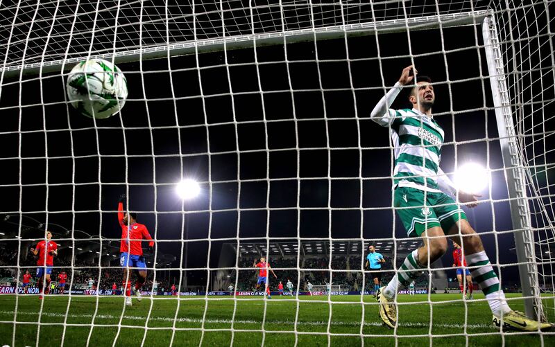 Rovers’ Neil Farrugia celebrates scoring the second goal against FK Borac at Tallaght Stadium. Photograph: Ryan Byrne/Inpho 