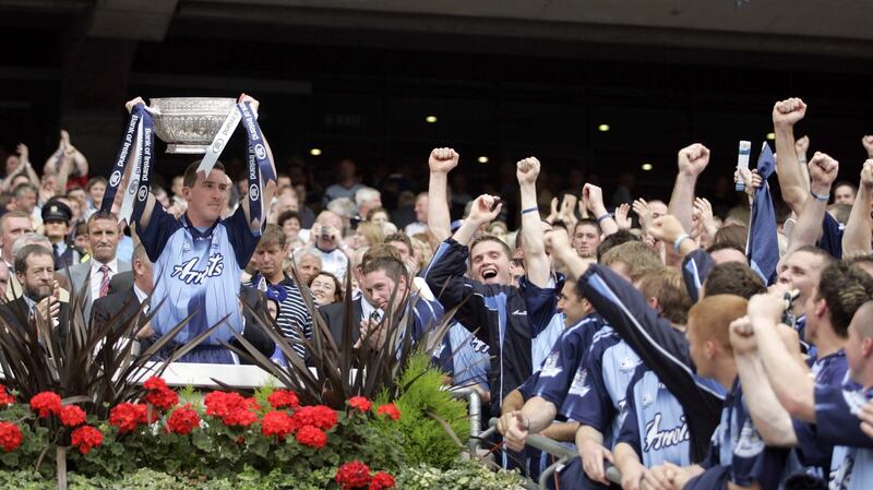 Dublin captain Paddy Christie lifts the Leinster cup after beating Laois in 2005. Photograph:  Tom Honan/Inpho