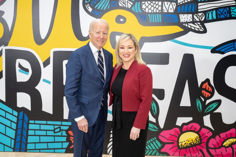 Handout photo of US president Joe Biden meeting Sinn Féin vice president Michelle O'Neill at Ulster University in Belfast. Photograph: White House