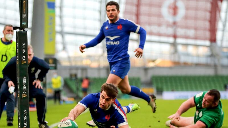 France’s Damian Penaud scores a try during the Six Nations win over Ireland at the Aviva Stadium. Photo: James Crombie/Inpho