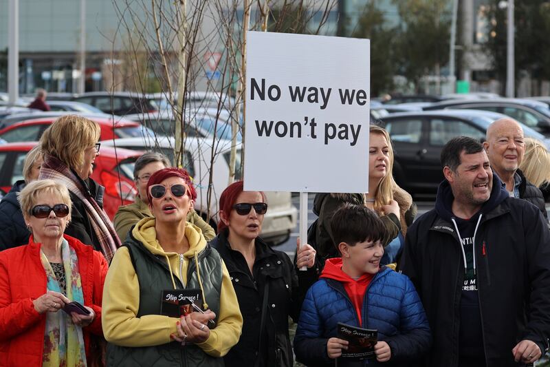 Liffey Valley workers gathered at the shopping centre entrance to protest car parking charges on October 23rd. Photograph: Nick Bradshaw