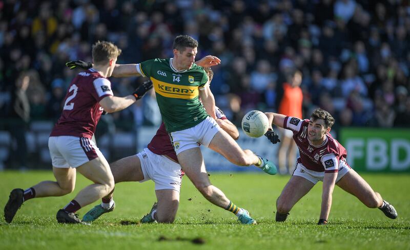 Kerry’s Paul Geaney comes under pressure while shooting. Photograph: Tommy Grealy/Inpho