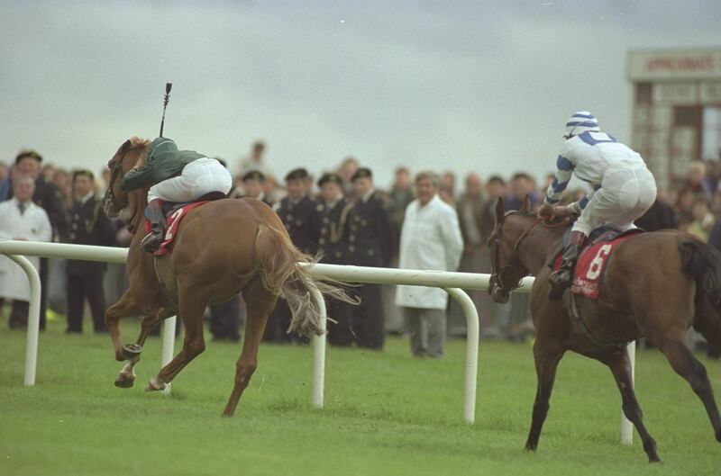 1991:  Generous (left) races ahead of Suave Dancer during the Irish Derby at the Curragh. Photograph: Chris Cole/Allsport/Getty