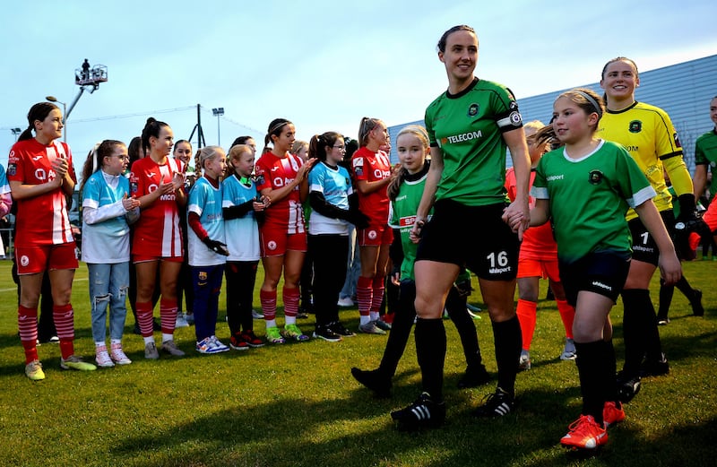 Peamount United vs Sligo Rovers: Peamount’s Karen Duggan leads out her team. Photograph: Ryan Byrne/Inpho