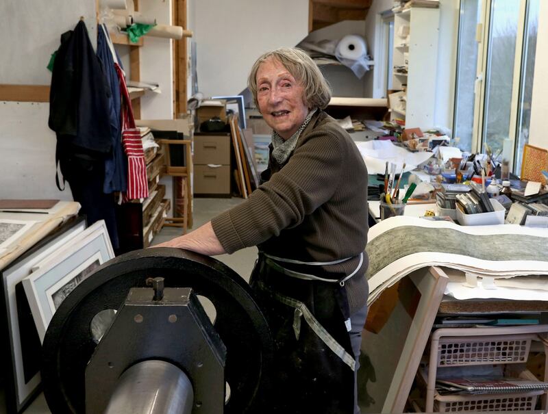 Fine Art Printmaker Margaret Irwin in her studio at Claddaghduff, Connemara, Co. Galway. Photograph: Joe O’Shaughnessy.