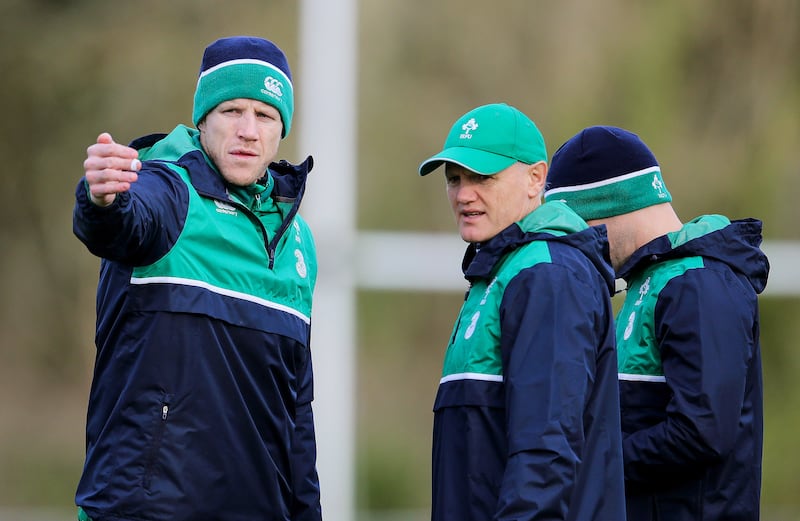 Simon Easterby with Joe Schmidt during an Ireland training session at Carton Hous in February 2016. Photograph: Cathal Noonan/ Inpho