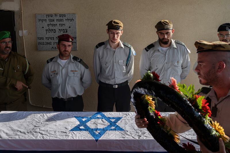 The funeral ceremony of Gil Avital, who died during the October 7th attack by Hamas, in Even Yehuda, Israel, on Sunday. Photograph: Amit Elkayam/New York Times
                      