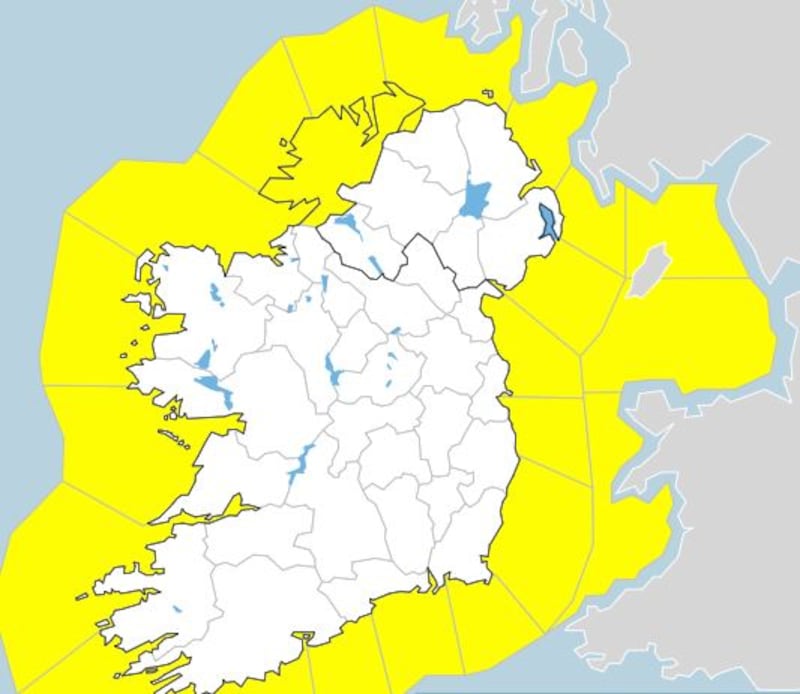 A map from Met Éireann showing rain and wind warnings in place on Monday. Further warnings are in place for tomorrow. 