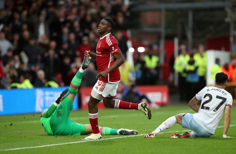 Nottingham Forest's Taiwo Awoniyi celebrates. Photograph: Scott Wilson/PA Wire