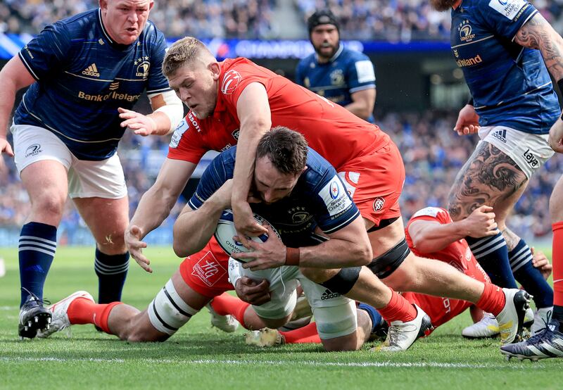 Jack Conan scores Leinster's first try against Toulouse at the Aviva Stadium. Photograph: Dan Sheridan/Inpho 