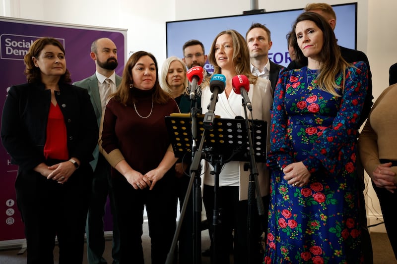 Social Democrats leader Holly Cairns TD with colleagues during the party's campaign launch. Photograph: Nick Bradshaw