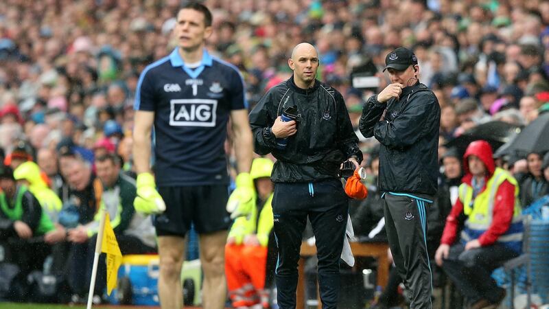 Jim Gavin watches Stephen Cluxton take a free during the 2015 final. Photo: Ryan Byrne/Inpho