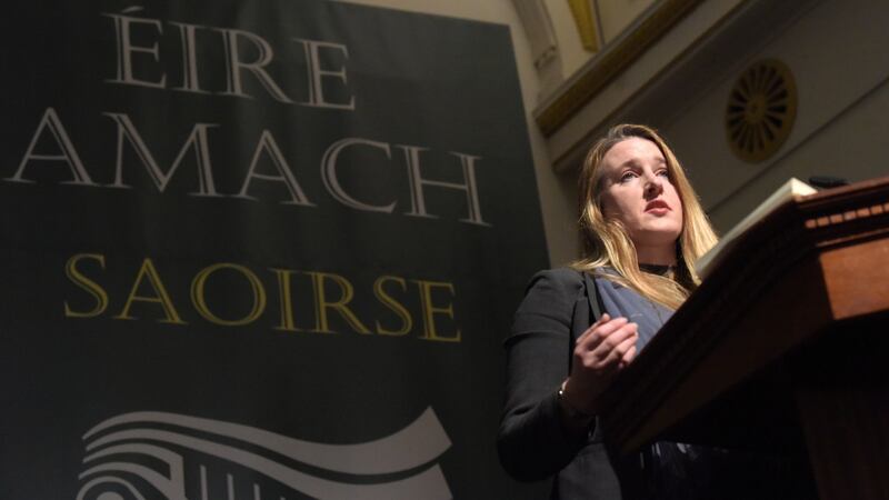 Dr Karen Devine speaking at the Irexit conference at the RDS. Photograph: Bryan Meade