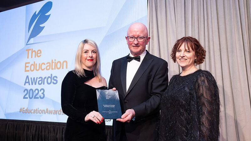 Bertie Kelly, awards judge, presents the Excellence in Diversity, Inclusivity & Equality award to Dr Allison Kenneally and Samantha O'Connor, South East Technology University (SETU) 