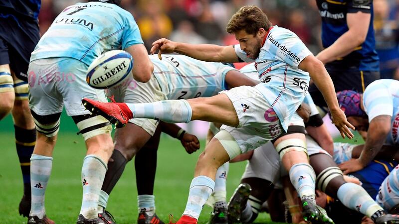 Teddy Iribaren kicks from the base. The scrumhalf kicked Racing 92’s 12 points against Leinster. Photograph: Gabriel Bouys/AFP