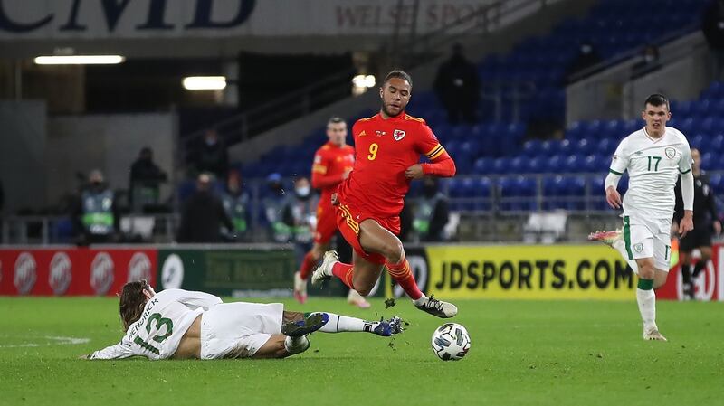 Republic of Ireland’s Jeff Hendrick  challenges Wales’s Tyler Roberts, resulting in a second booking and a red card during the Nations League  match at Cardiff City Stadium on Sunday. Photograph:  : Nick Potts/PA Wire