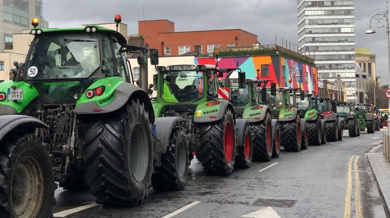 The tractor protest heading down the north quayes in Dublin towards the Port Tunnel. Photograph: Brenda Fitzsimons