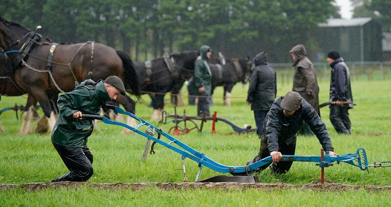 Competitors work a plough in the rain in the horse section of the event on Tuesday. Photograph: Niall Carson/PA Wire 