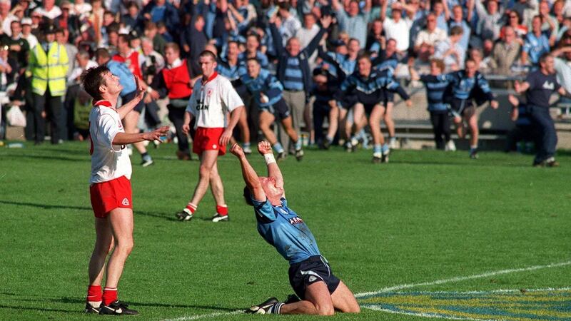 Jim Gavin celebrates victory over Tyrone after the final whistle in the 1995 All Ireland Final at Croke Park. Photograph: Brendan Moran/Sportsfile