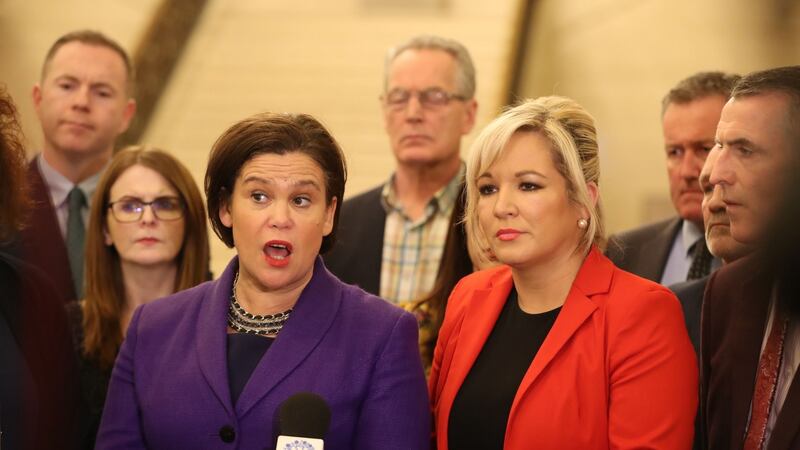 Sinn Fein’s president Mary Lou McDonald (left) and Sinn Fein’s vice president Michelle O’Neill, speaking to the media at Stormont Parliament buildings. Photograph:  Niall Carson/PA Wire