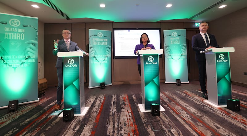 Sinn Fein leader Mary Lou McDonald TD,  party spokesperson on Health David Cullinane TD (left) and Pearse Doherty TD (right) at the launch of Sinn Fein’s new Health policy. Photo: Bryan O’Brien
