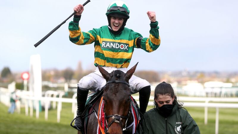 Rachael Blackmore celebrates winning the 2021 Randox Grand National Handicap Chase on Minella Times at Aintree. Photograph: David Davies/Jockey Club/PA Wire