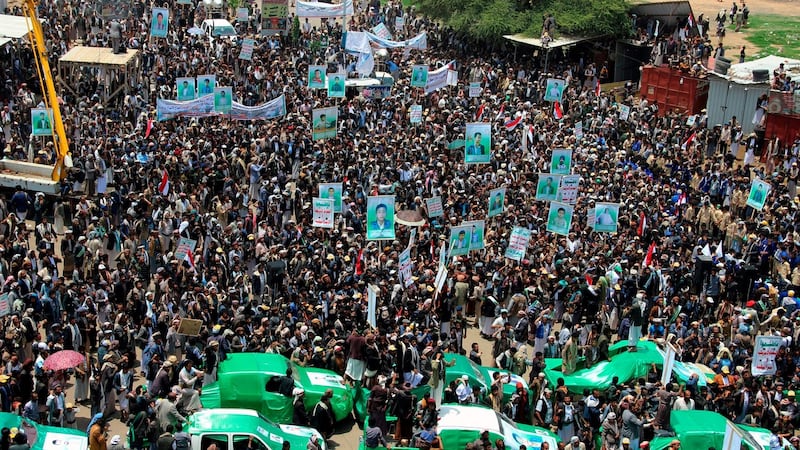 Thousands of Yemenis protest against Saudi Arabia and the US during  a mass funeral for the children killed in last week’s air strike. Photograph:  AFP/Getty Images