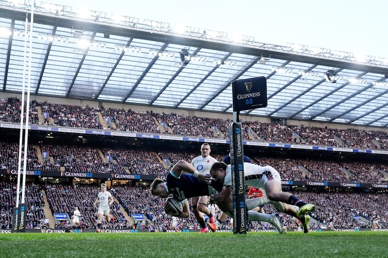 Scotland's Huw Jones goes over for a try against England in February. Photograph: Adam Davy/PA Wire