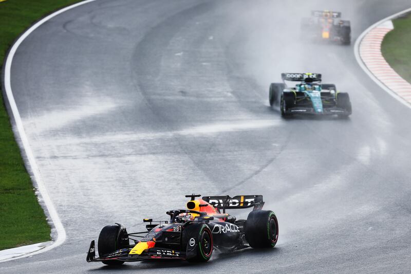 Max Verstappen leading Fernando Alonso. Photograph: Lars Baron/Getty