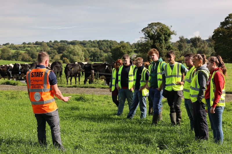 Alastair Pollock discusses clover and grass with students. Photograph: Dara Mac Dónaill 