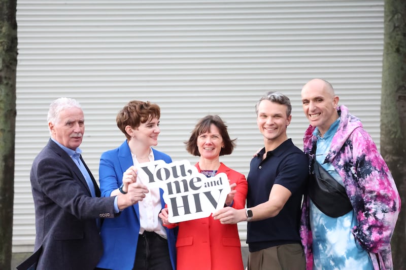 Prof Fiona Lyons (centre), along with Pat Commins, Aoife Commins, Dr Robbie Lawlor and Enda McGrattan, aka Veda Lady, at the launch on Tuesday of the You, Me and HIV campaign, designed to address misconceptions around HIV. The campaign was developed by the HSE in collaboration with people living with HIV and community and voluntary groups. Photograph: Stephen Collins/Collins Photos