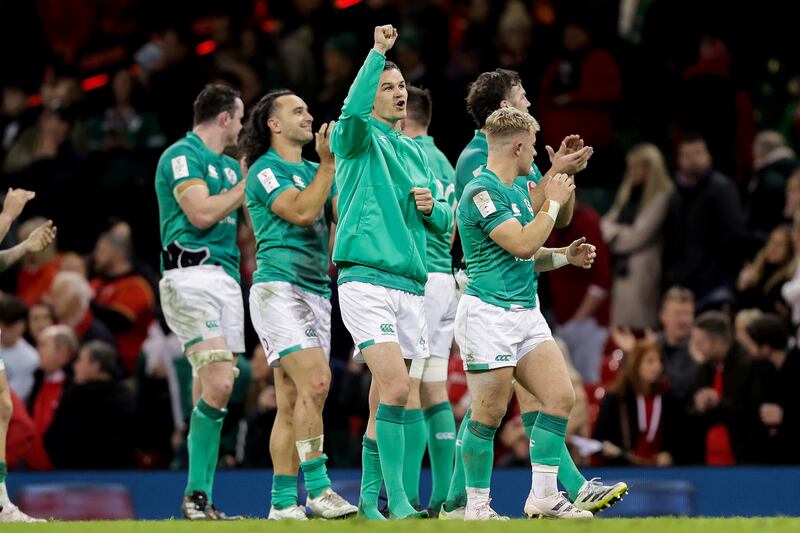 Ireland's Johnny Sexton celebrates after the Welsh game. Photograph: Laszlo Geczo/Inpho