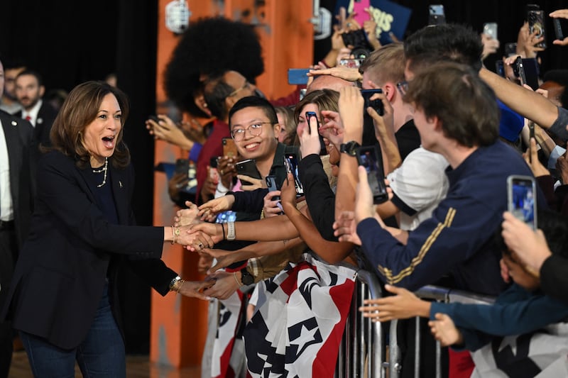 Democratic presidential candidate Kamala Harris greets supporters as she arrives at a campaign rally in Philadelphia. Photograph: Saul Loeb/AFP via Getty Images