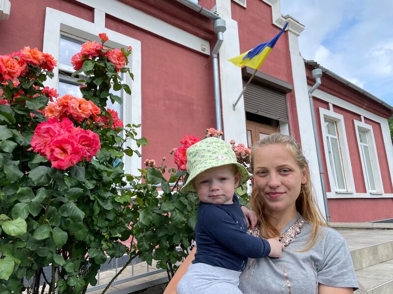 Iryna Kravets and her daughter Eva in Snihurivka, southeastern Ukraine. Her home was destroyed when Russia occupied the area last year and she returned after it was liberated last November. Photograph:  Daniel McLaughlin