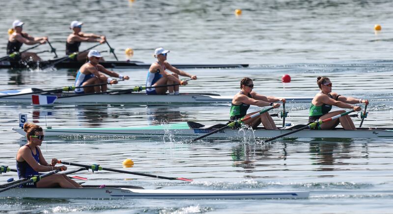 Ireland’s Zoe Hyde and Alison Bergin finished fifth in the semi-final of the women’s double sculls. Photograph: Ryan Byrne/Inpho