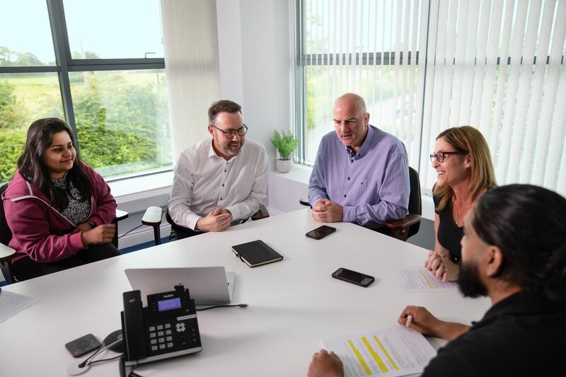 Some of the EasyGo team discussing the roll-out of new charging points at its headquarters in Co Kildare. Pictured from left to right are; Priya Gadipudi, Chris Kelly, Rob Sheehan, Sabrina Hollywood, and Saptarshi Datta