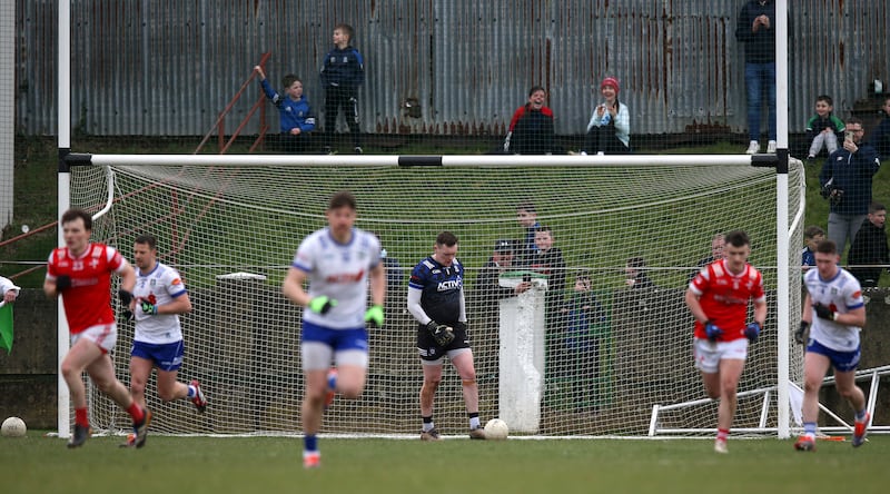 Sam Mulroy scores a penalty for Louth past Monaghan goalkeeper Rory Beggan. Photograph: Leah Scholes/Inpho