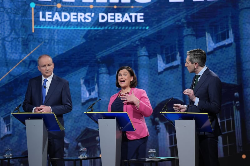 Fianna Fail Leader Micheal Martin,  Sinn Fein leader Mary Lou McDonald and Fine Gael leader Simon Harris during the final TV leaders' debate, at RTE studios in Donnybrook. Niall Carson/PA Wire