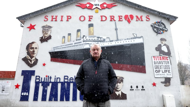 Jim Wilson at a mural for the Titanic  on the Newtownards Road, in Belfast. Photograph: Stephen Davison